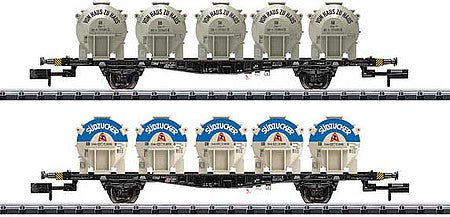 Trix 15744 N Scale Type Lbgjs 598 2-Axle Container Flatcar 2-Pack - Ready to Run - Minitrix -- German Federal Railway (Era IV, black; DB & Sudzucker LCL Containers)