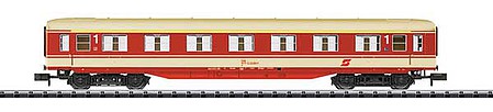 Trix 15777 N Scale 1st Class Skirted Coach - Ready to Run - Minitrix -- Austrian Federal Railways OBB (Era IV 1984, Jaffa Blood Orange)