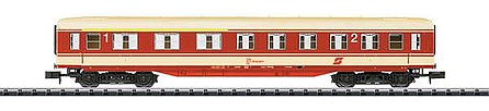 Trix 15778 N Scale 1st/2nd Class Skirted Coach - Ready to Run - Minitrix -- Austrian Federal Railways OBB (Era IV 1984, Jaffa Blood Orange)