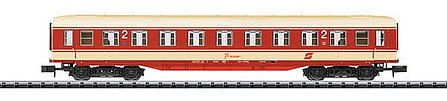 Trix 15779 N Scale 2nd Class Skirted Coach - Ready to Run - Minitrix -- Austrian Federal Railways OBB (Era IV 1984, Jaffa Blood Orange)