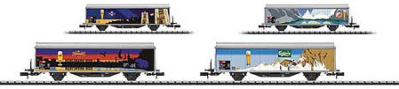 Trix 15798 N Scale Type Hbils-vy Sliding-Wall Boxcar 2-Pack - Ready to Run - Minitrix -- Feldschlosschen Brewery (Era V, Full Color Graphics)
