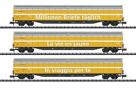 Trix 15799 N Scale Habbiillnss High-Capacity Sliding-Wall Boxcar 3-Pack - Ready to Run - Minitrix -- Swiss Post (Era VI 2016; yellow, silver, white; Advertisement Slogans)