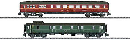 Trix 15801 N Scale Type WR4u Diner & Pw4u-37 Baggage Set - Ready to Run - Minitrix -- German State Railroad (Era II; Red Diner, Green Baggage Car)