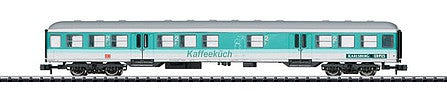 Trix 15807 N Scale Type Bnburzb Coffee Snack Bar Car - Ready to Run - Minitrix -- German Federal Railway #50 80 85-34 003-4 (Era V, City Bahn; turquoise)