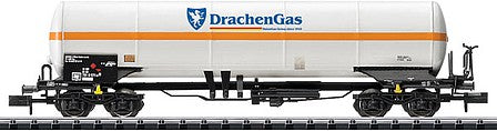Trix 15821 N Scale Type Zagkks 4-Axle Gas Tank Car - Ready to Run - Minitrix -- Drachen Propane Gas (Era VI; white, orange)