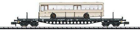 Trix 15862 N Scale Type Rs 684 4-Axle Flatcar with City Bus Load - Ready to Run - Minitrix -- German Federal Railway #2 (Era IV-V, black; Ivory Bus)