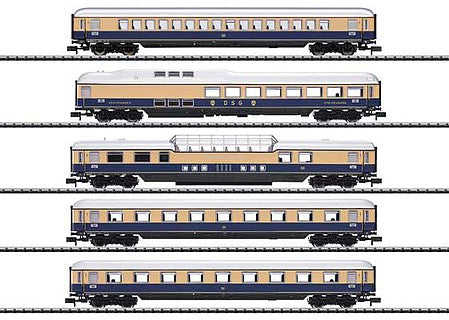 Trix 15870 N Scale Rheingold 62 Express 5-Car Passenger Set - Exclusiv - Minitrix -- German Federal Railway (Era III 1962; beige, Cobalt Blue)