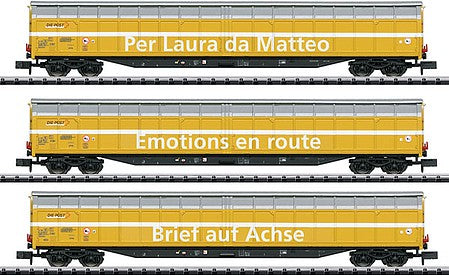 Trix 15874 N Scale Type Habbiillnss Sliding-Wall Boxcar pkg(3) Ready-to-Run - Mini-Trix -- Swiss Post (Era VI 2017; yellow, white)