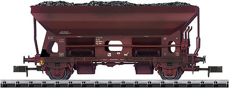 Trix 15931 N Scale Type Otmm 70 Self-Unloading Hopper with Coal Load - Ready to Run - Minitrix -- German State Railroad DR (Weathered, Era IV 1983-1984, Boxcar Red)
