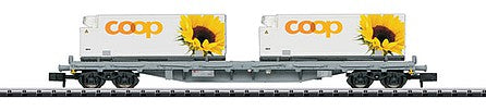 Trix 15937 N Scale Type Rs Container Flatcar with 2 20' Containers - Ready to Run - Minitrix -- Swiss Federal Railways SBB - Cargo (Era VI 2017, gray; COOP Containers, white)