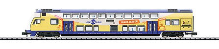 Trix 15944 N Scale Type DABpbzkfa 1st and 2nd Class Bi-Level Cab Car - Ready to Run - Minitrix -- Metronom Railroad Company (Era VI 2003; yellow, white, blue)
