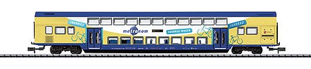 Trix 15945 N Scale Type DBdpza 2nd Class Bi-Level Coach - Ready to Run - Minitrix -- Metronom Railroad Company (Era VI 2007; yellow, white, blue; Bike Car)