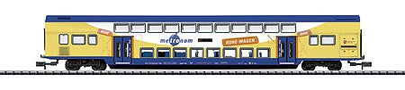 Trix 15946 N Scale Type DBpza 2nd Class Bi-Level Coach - Ready to Run - Minitrix -- Metronom Railroad Company (Era VI 2007; yellow, white, blue; Quiet Car)