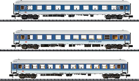 Trix 15948 N Scale 30 Years of the Interregio 3-Car Set - Ready to Run - Minitrix -- German Federal Railway (Era IV 1988-1989; blue, white, gray)
