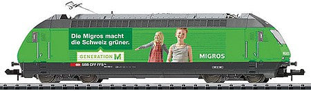 Trix 16763 N Scale Class Re 460 Electric w/Sound & DCC - Minitrix -- Swiss Federal Railways SBB (Era VI 2015; green, Migros Advertising Scheme)