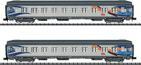 Trix 18210 N Scale 2 Type B9c9x 2nd Class, Type Sru Croisiere 3-Car Set - Ready to Run - Minitr -- French State Railways SNCF (Era VI, gray, black, orange, blue, yellow)