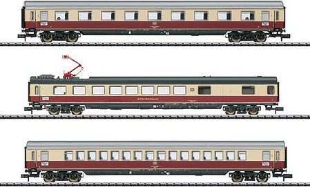 Trix 18213 N Scale Type Bn 720, ABn 703, Bnrzb 725 Silver Coin Commuter Car Set - Ready to Run -- German Federal Railroad DB (Era V 1991, silver, gray, multicolor ads)