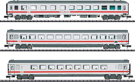 Trix 18214 N Scale Type Avumz 111, Apumz 121, ARumz 211 3-Car Set - Ready to Run - Minitrix -- German Federal Railroad DB (Era IV 1974, red, ivory, silver, gray)