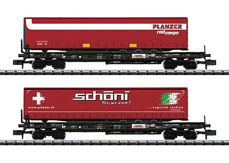 Trix 18706 N Scale Type Sdkmms Well Flatcars with Trailer Load 2-Pack - Ready to Run - Minitrix -- HUPAC (Era VI, black, red Schoni and Planzer Trailers)