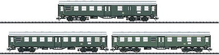 Trix 23429 HO Scale Rebuilt Type AB4yge, B4yge, BPw4yge Car Set - Insidr -- German Federal Railway (Era III 1958; green, silver)