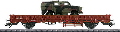 Trix 24119 HO Scale Type Kbs 443 Low-Side Car with Dingo Army Truck - Ready-to-Run -- German Federal Railway (Era V, Boxcar Red; Camouflage Green Vehicle)