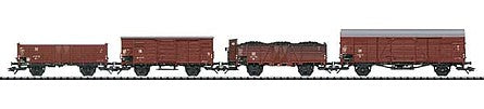 Trix 24128 HO Scale Glr-12, G-04 Boxcars; Omu-37, Om-41 Gondolas - Set - Ready-to-Run -- German State Railroad (ERa IV 1962, Boxcar Red)