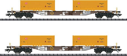 Trix 24136 HO Scale Type Sgns Flatcar with KLV Tub Load pkg(2) - Ready-to-Run -- AAE (Era VI 2014; Boxcar Red Flatcar, Stuttgart 21 Yellow KLV Tubs)