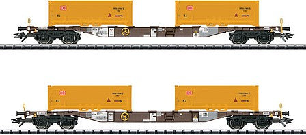 Trix 24138 HO Scale Type Sgns Flatcar with KLV Tub Load pkg(2) - Ready-to-Run -- AAE (Era VI 2014; Boxcar Red Flatcar, Stuttgart 21 Yellow KLV Tubs)