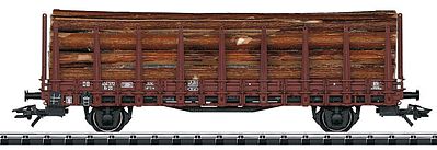 Trix 24209 HO Scale Type Rr 20 2-Axle Stake Flatcar with Log Load - Ready-to-Run -- German Federal Railway (Era III 1950s, Boxcar Red)