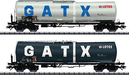 Trix 24213 HO Scale Type Zans 4-Axle Tank Car pkg(2) - Ready-to-Run -- General American Tankcar/Lotos (Ear VI; 1 Each: silver & blue, black & white)