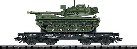 Trix 24214 HO Scale Type Rlmmps 650 Heavy-Duty Flatcar with M-48 Tank - Ready to Run -- German Federal Railway (Era IV; Black Flatcar, Green Germany Army Tank)