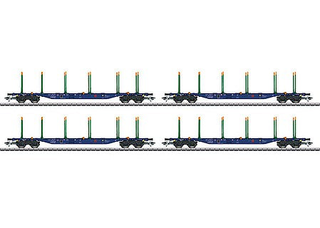Trix 24247 HO Scale Type Sgnss KLV Lumber Transport Flatcar pkg(4) - Ready-to-Run -- Sveaskog (Era VI, blue)