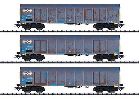 Trix 24367 HO Scale Type Ealnos 201 High-Side Gondola with Wood Chip Loads pkg(3) Ready-to-Run -- Dutch Railways (Weathered, Era V; blue, white)