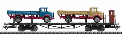 Trix 24401 N Scale Flat Car wtih 2 Flatbed Trucks -- German Federal Railway (Black Flatcar; 1 Truck Each: blue, tan)