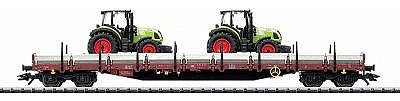 Trix 24427 HO Scale Type Res Stake Car with 2 Claas Tractors -- Brown Stake Car, Green Tractors