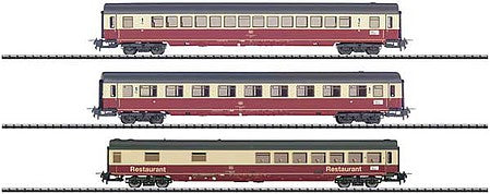 Trix 31164 HO Scale IC 690 Hohenstaufen Type Apmz, Avmz, WRmh Diner 3-Car Set #1 - Ready to Run -- German Federal Railway (Era IV; red, ivory, black)