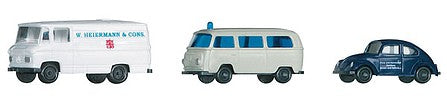 Trix 65415 N Scale 1960s Vehicle Set - Assembled -- Mercedes Cargo Van, Volkswagen Passenger Van, Volkswagen Beetle
