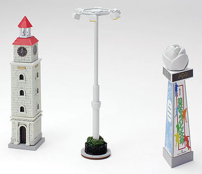 TomyTec 261988 N Scale Lighted Outdoor Accessories -- 1 Each: Clock Tower, Flower Statue, Large Overhead Light