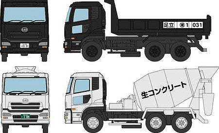 TomyTec 282945 N Scale UD Truck KUON Dump Truck & Cement Mixer Truck Set -- Black Dump Truck, White Mixer Truck (Japanese Script)