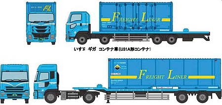 TomyTec 301219 N Scale Tractor with Container Trailer Set with Loads - Assembled -- Freight Liner (blue, yellow, Japanese Lettering)