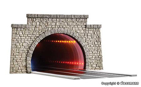 Viessmann 5097 HO Scale Road Tunnel with Cut-Stone Portal and LED Interior Lights - Stone Art -- 6-9/16 x 3 x 1-3/4" 16.7 x 7.6 x 4.5cm with 7-1/16" 18cm of Roadway