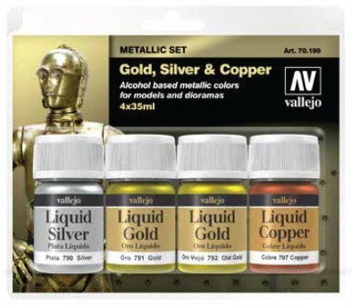 Vallejo 70199 35ml Bottle Liquid Gold, Silver, Copper Metallic Model Color Paint Set (4 Colors)