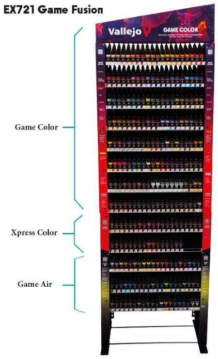 Vallejo EX721 Game Fusion Color-Xpress-Air Paint Deal w/Rack (6 each: 129 Game Color, 60 Xpress Color, 51 Game Air, 7 Primers, 9 Auxiliaries)