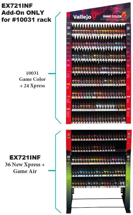 Vallejo EX721INF Add-On Xpress Color & Game Air Paint Deal w/Rack for #10031 (6 each: 51 Game Air, 7 primers, 2 Auxiliaries, TBA 36 NEW Xpress)