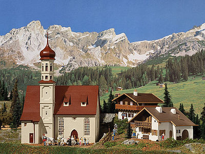 Vollmer 42080 HO Scale Alpine Village 3-Building Set -- Kit - 1 Each: St. Andra Church, Alpine Chalet, Alpine House