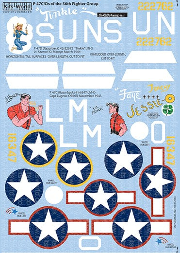 Warbird Decals 132163 1/32 P47C/Ds 56th FG Tinkle, Lil Abner, Jessie-O, Torchy, Faye