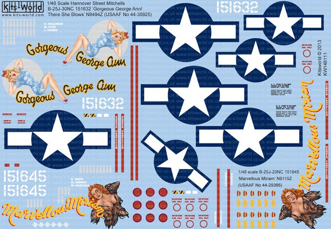 Warbird Decals 148111 1/48 B25J Gorgeous George Ann/There She Blows, Marvellous Miriam