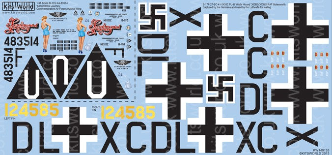 Warbird Decals 148135 1/48 B17G Sentimental Journey Commemorative AF Arizona, B17F Wulfe Hound 360BS/303BG Hells Angels