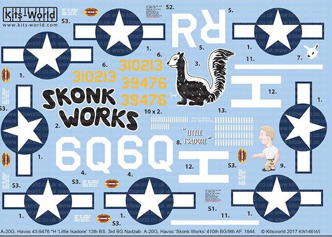 Warbird Decals 148165 1/48 A20G Havoc Skonk Works 410th BG/9th AF 1944, H Little Isadore 13th BS 3rd BG AF Nadzab