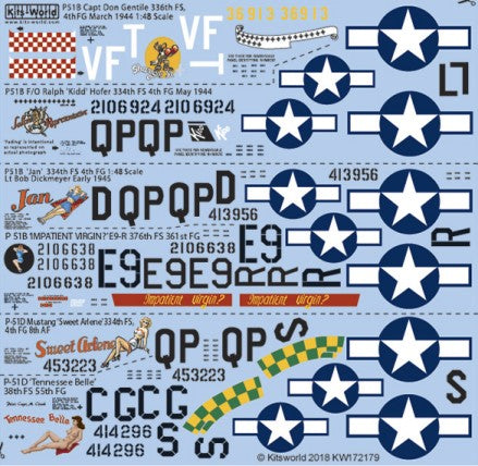 Warbird Decals 172179 1/72 P51B/D Shangri La/Impatient Virgin/Salem Representative, Jan/Sweet Arlene/Tennessee Belle